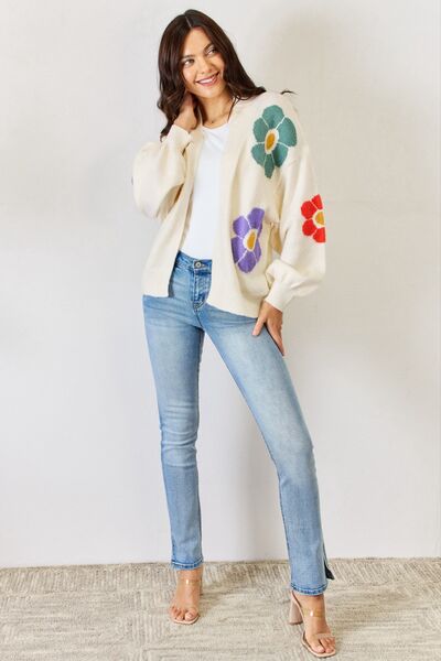 J.NNA Open Front Flower Pattern Long Sleeve Sweater Cardigan Branch and Stick