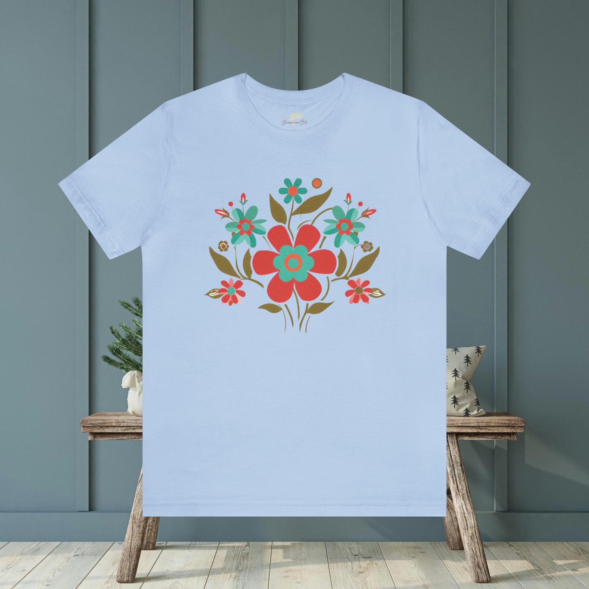 Minimalistic Wildflowers Folk Art Design Unisex Tee | Embrace Playful Style Branch and Stick