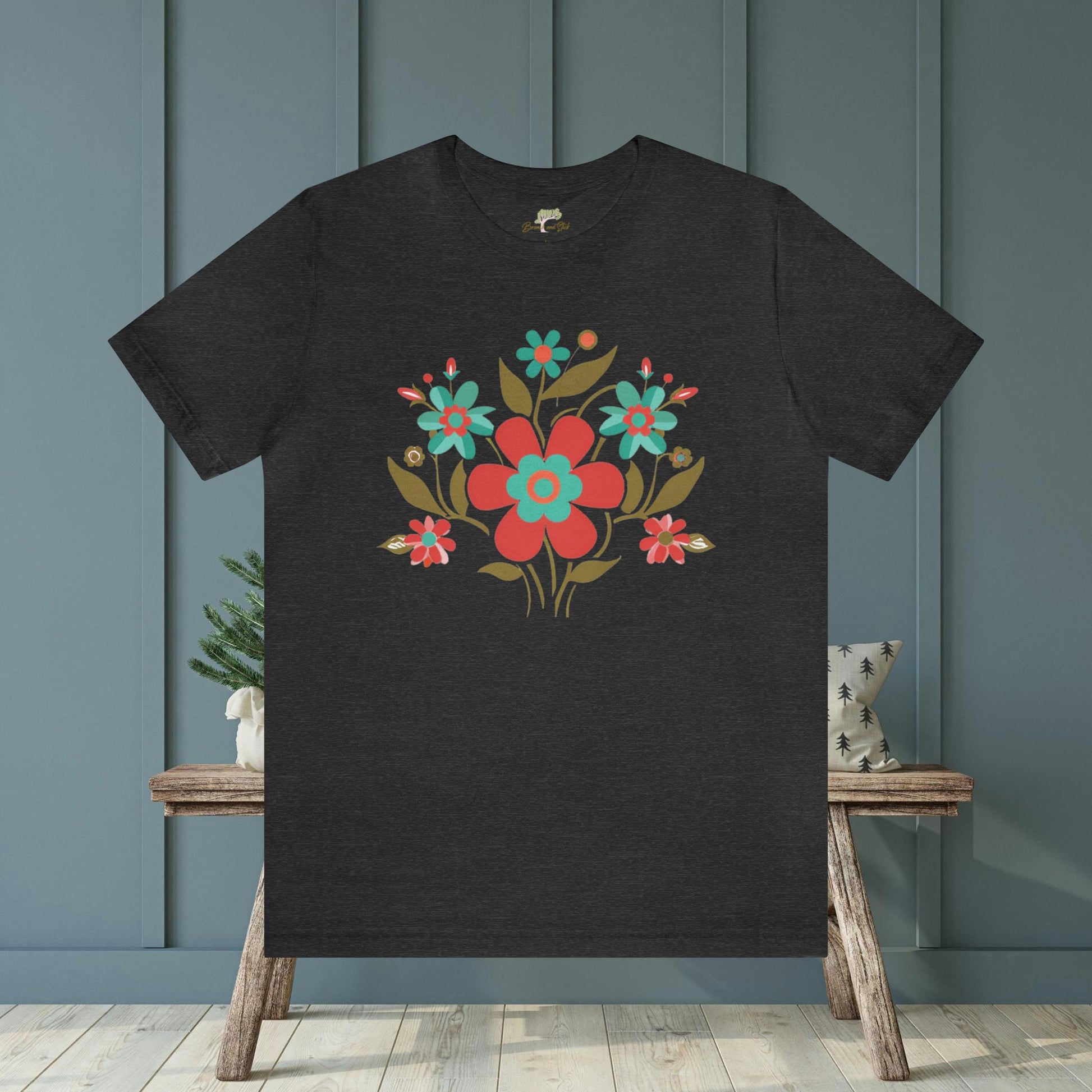 Minimalistic Wildflowers Folk Art Design Unisex Tee | Embrace Playful Style Branch and Stick