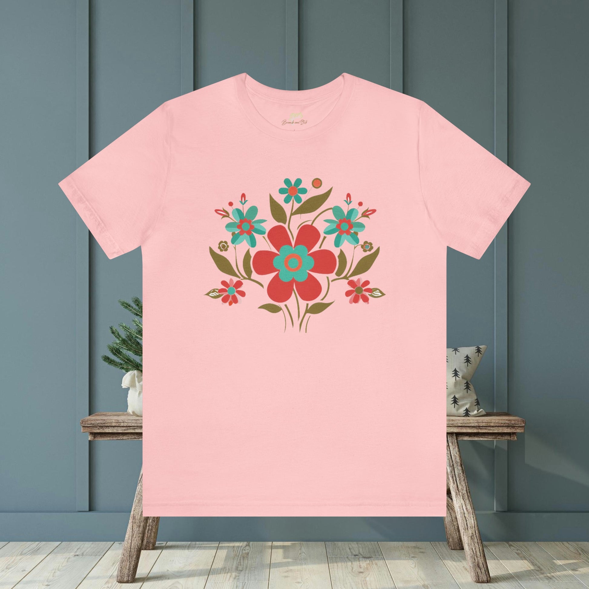 Minimalistic Wildflowers Folk Art Design Unisex Tee | Embrace Playful Style Branch and Stick