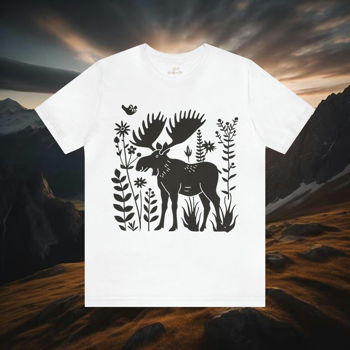 Moose and Wildflowers Unisex Tee | Embrace Nature's Elegance Branch and Stick