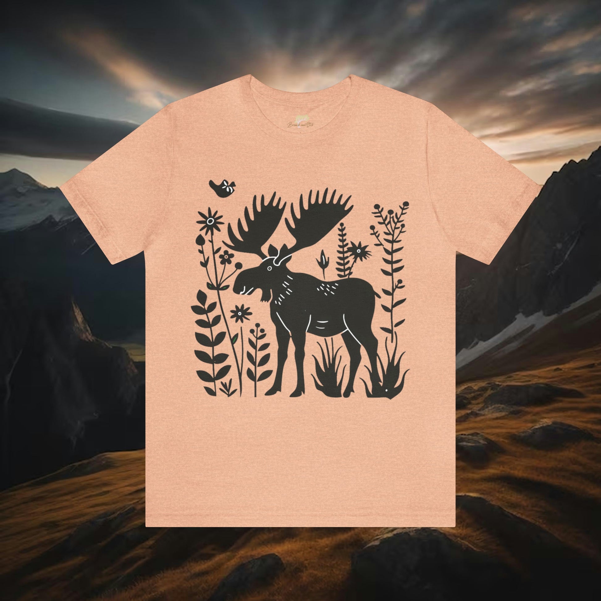 Moose and Wildflowers Unisex Tee | Embrace Nature's Elegance Branch and Stick