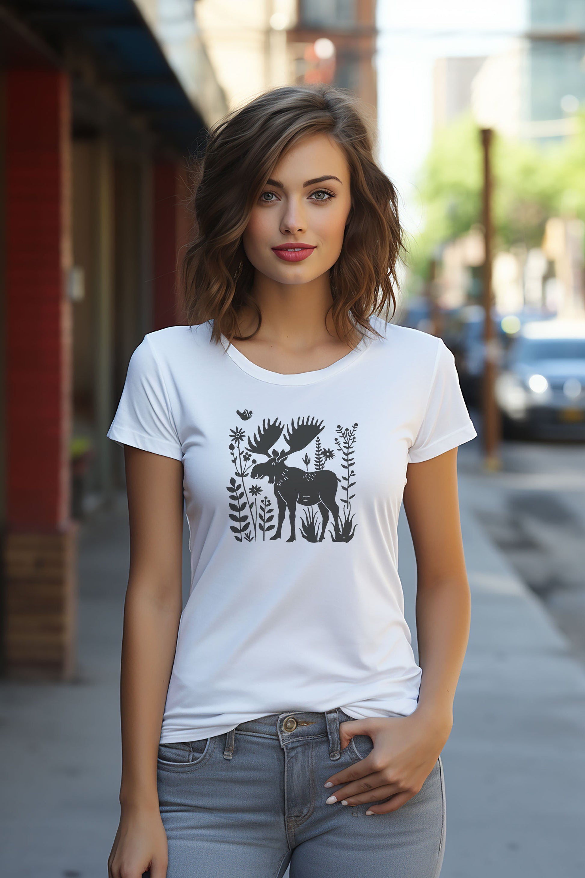 Moose and Wildflowers Unisex Tee | Embrace Nature's Elegance Branch and Stick