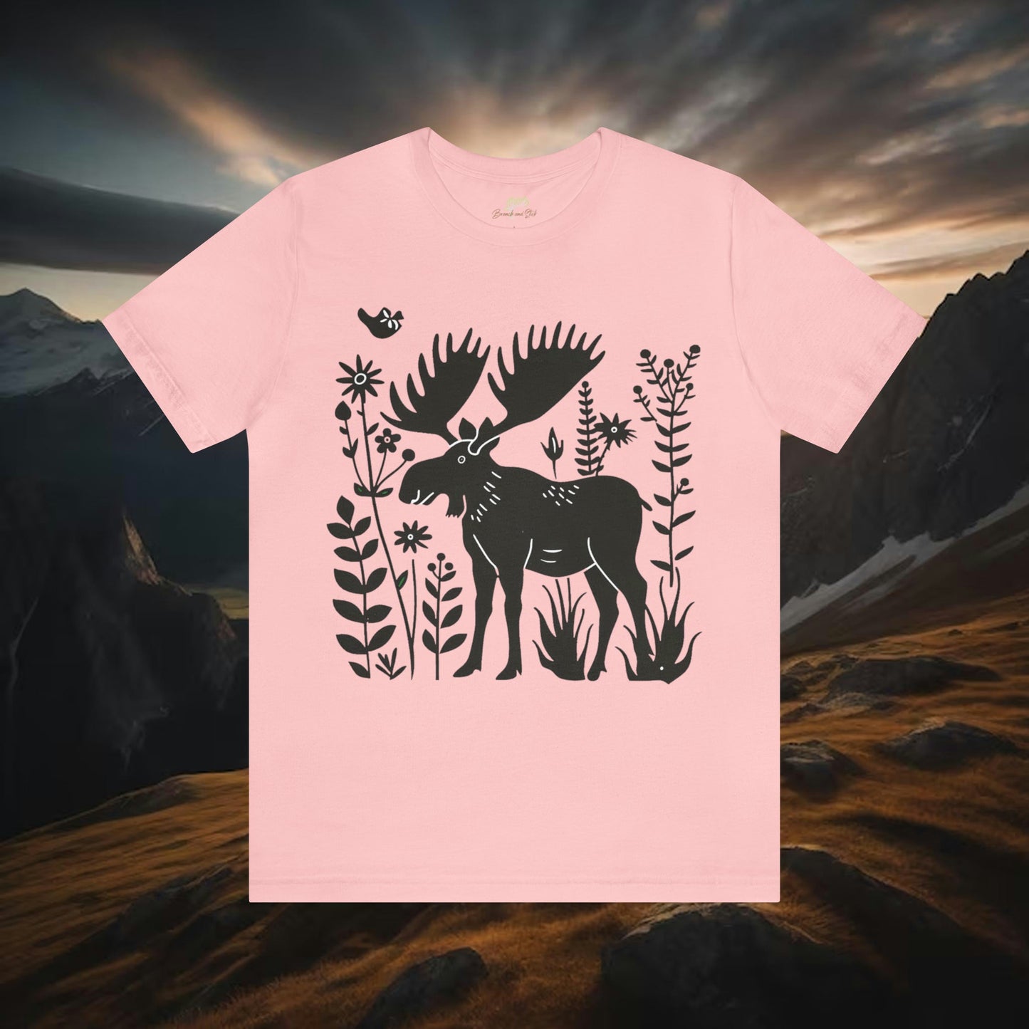 Moose and Wildflowers Unisex Tee | Embrace Nature's Elegance Branch and Stick