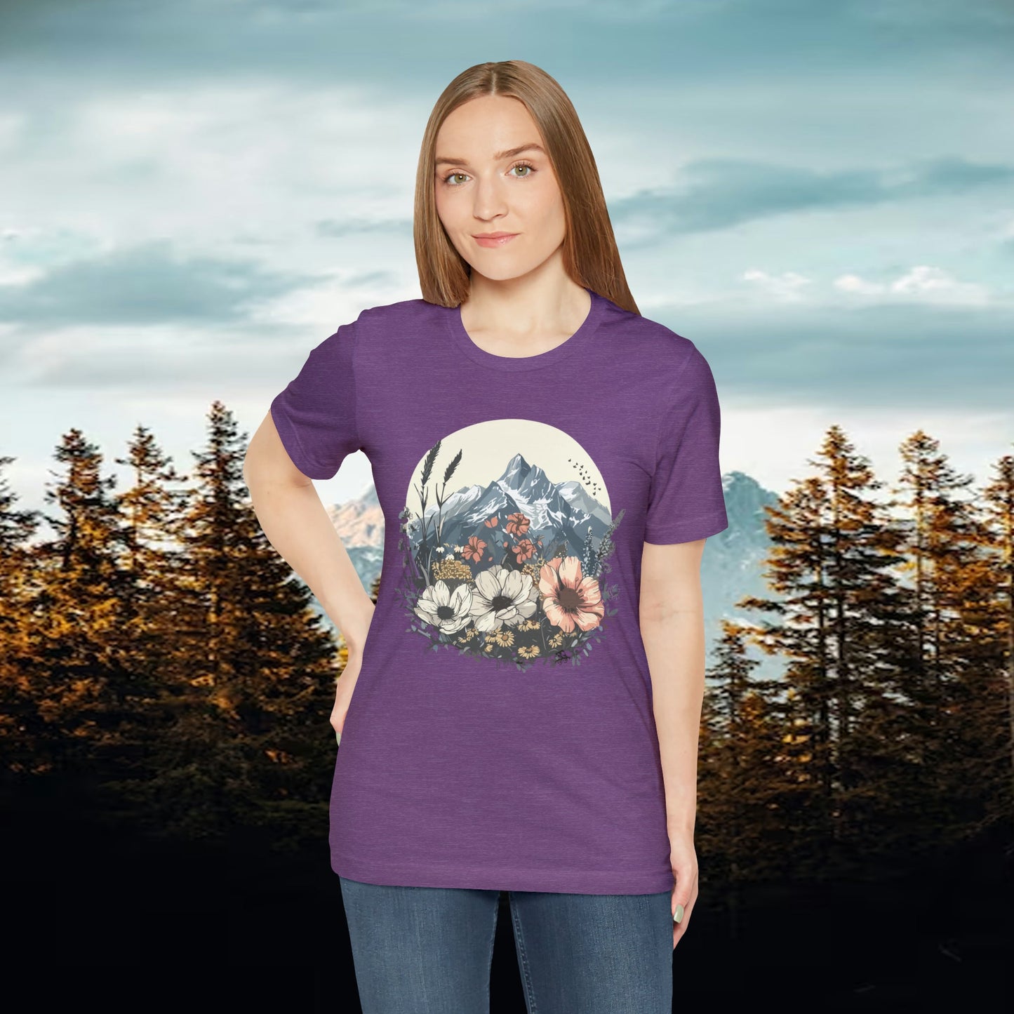 Mountain and Wildflowers White Orange Unisex Tee | Branch and Stick Branch and Stick