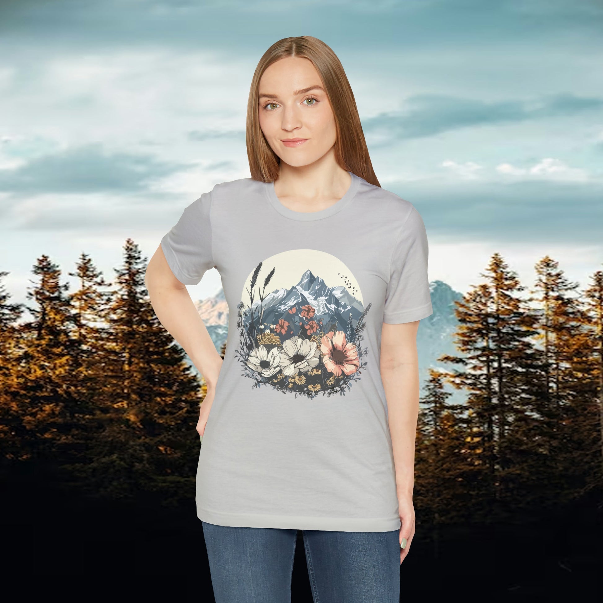 Mountain and Wildflowers White Orange Unisex Tee | Branch and Stick Branch and Stick