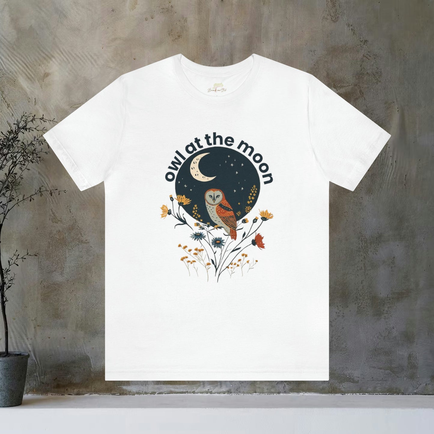 Owl At The Moon Wildflower Animal Design Unisex Tee | Embrace Nocturnal Charm Branch and Stick