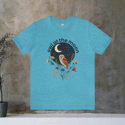 Owl At The Moon Wildflower Animal Design Unisex Tee | Embrace Nocturnal Charm Branch and Stick