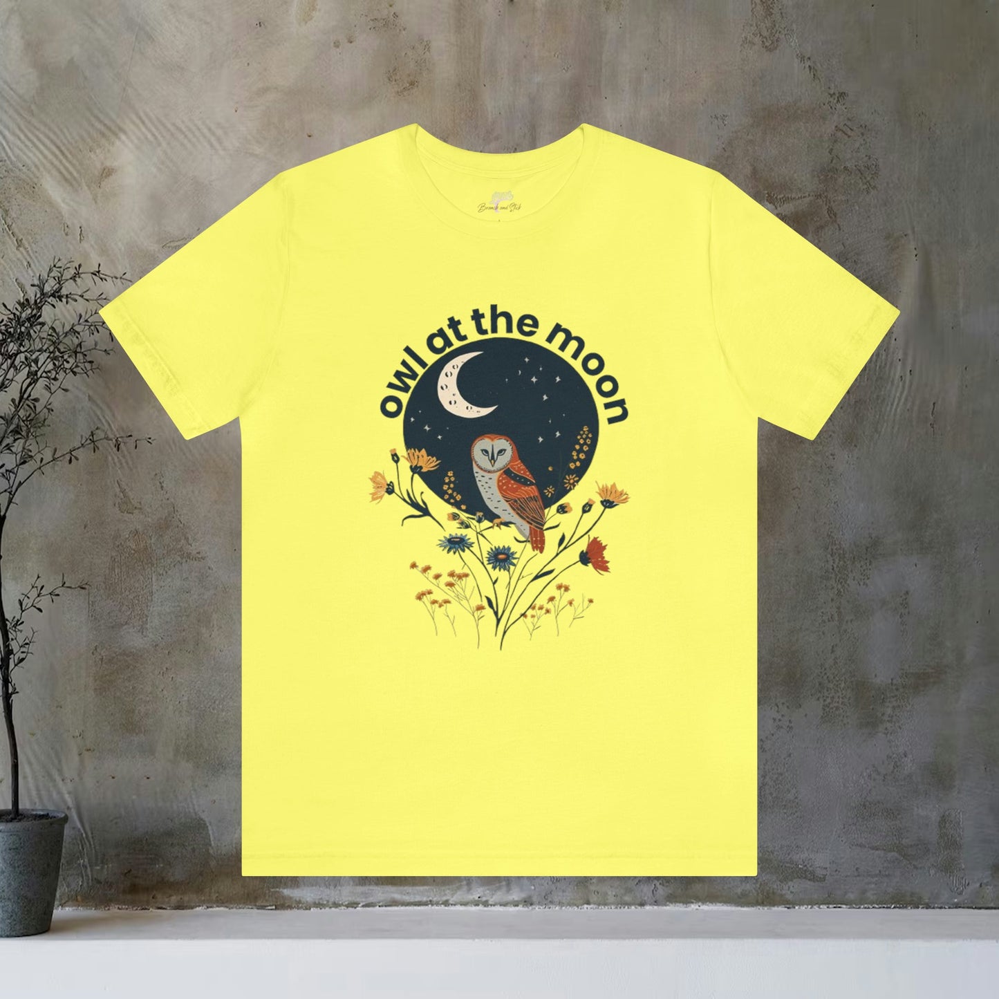 Owl At The Moon Wildflower Animal Design Unisex Tee | Embrace Nocturnal Charm Branch and Stick