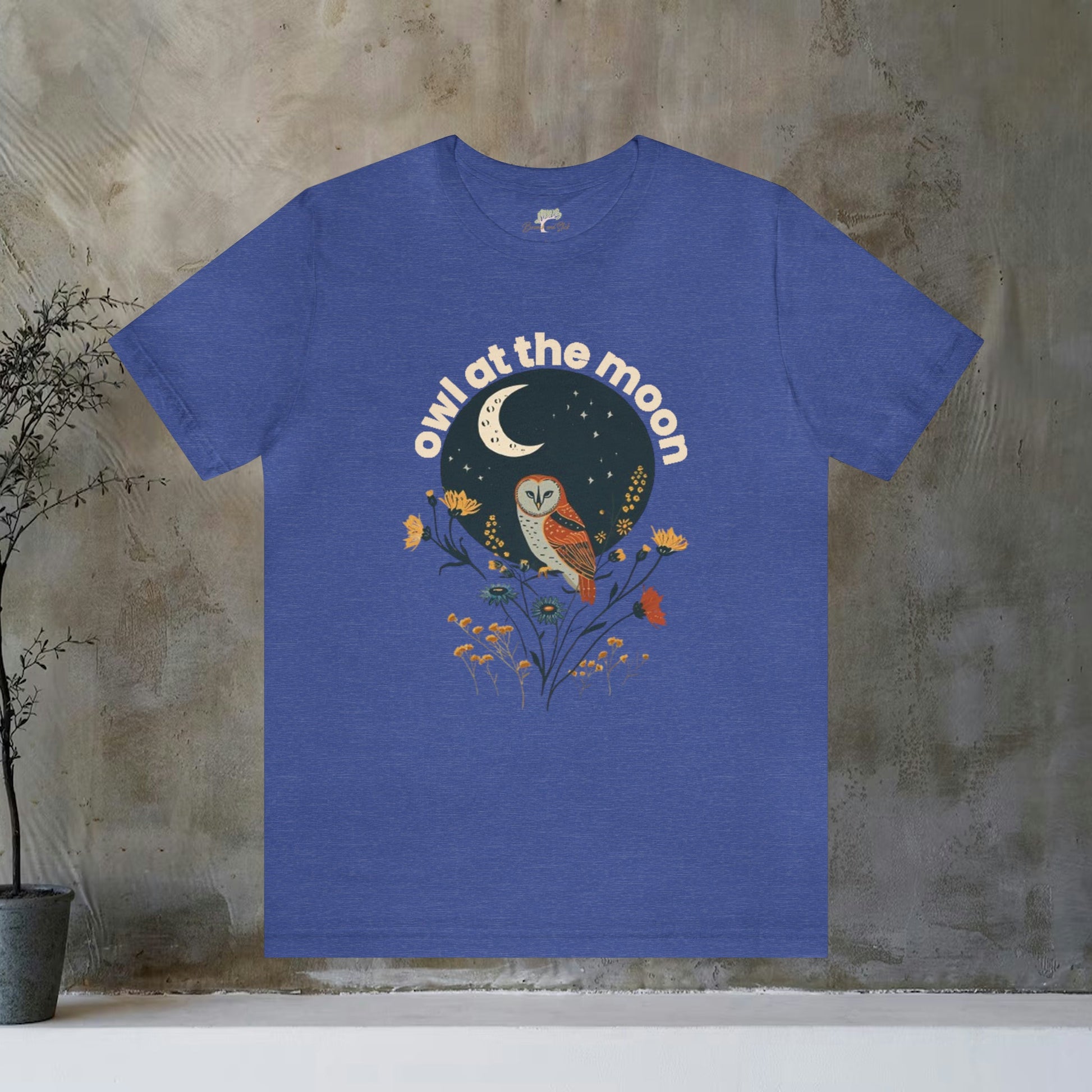 Owl At The Moon Wildflower Animal Design Unisex Tee | Embrace Nocturnal Charm Branch and Stick