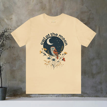 Owl At The Moon Wildflower Animal Design Unisex Tee | Embrace Nocturnal Charm Branch and Stick