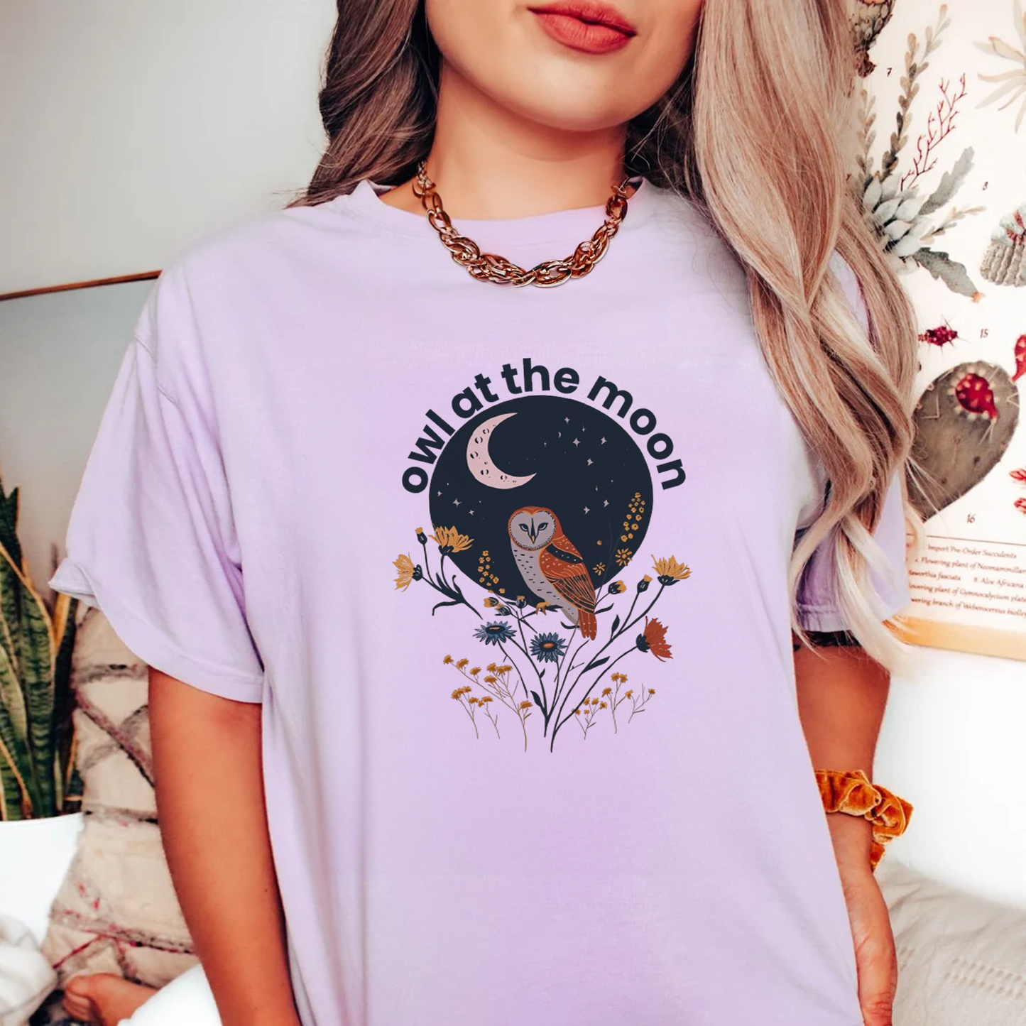 Owl At The Moon Wildflower Animal Design Unisex Tee | Embrace Nocturnal Charm Branch and Stick