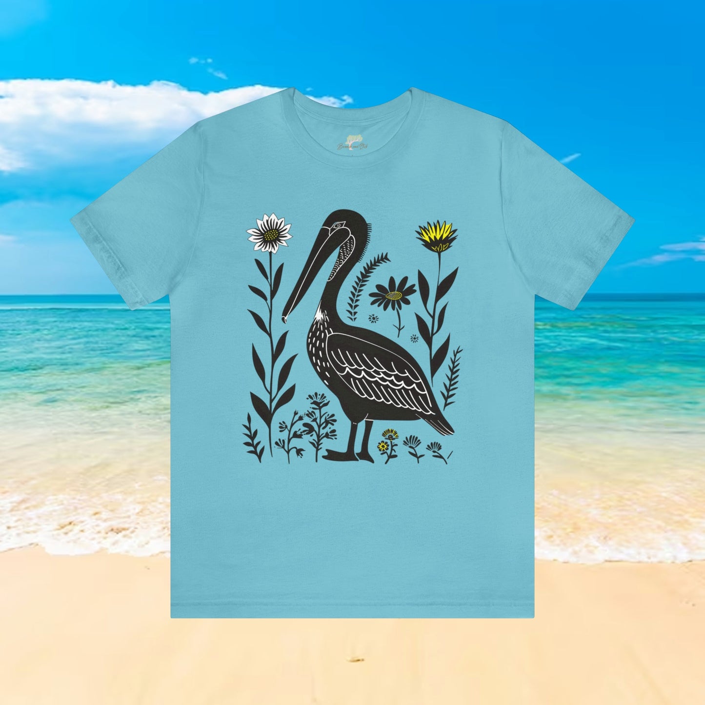 Pelican with Wildflower Animal Design Unisex Tee | Expertly Crafted Branch and Stick