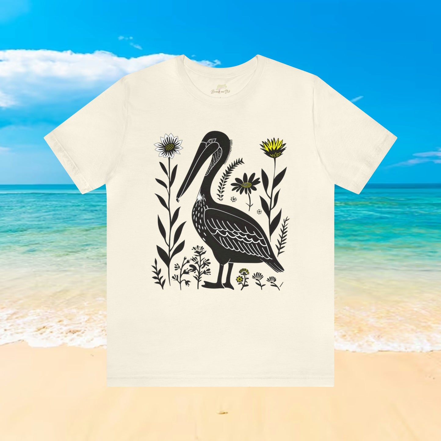 Pelican with Wildflower Animal Design Unisex Tee | Expertly Crafted Branch and Stick