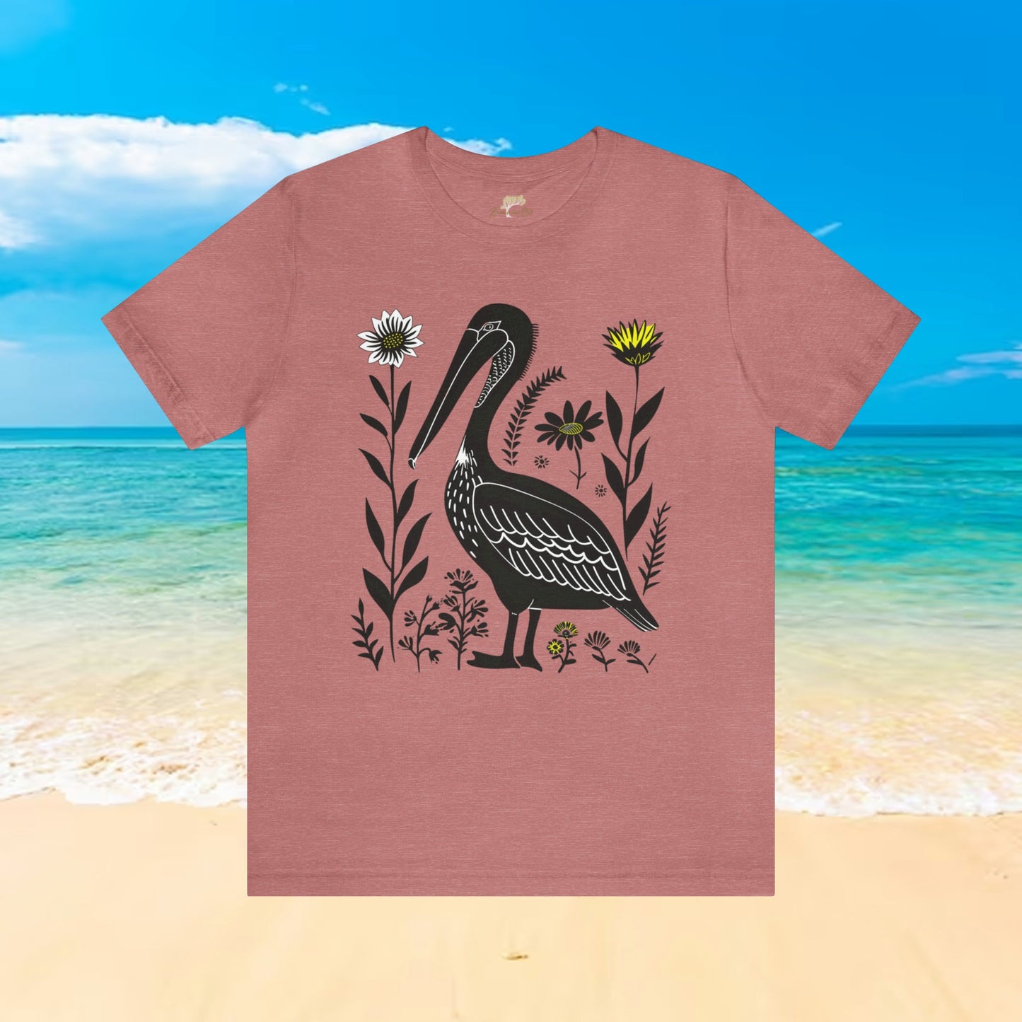 Pelican with Wildflower Animal Design Unisex Tee | Expertly Crafted Branch and Stick