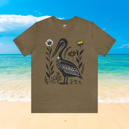 Pelican with Wildflower Animal Design Unisex Tee | Expertly Crafted Branch and Stick