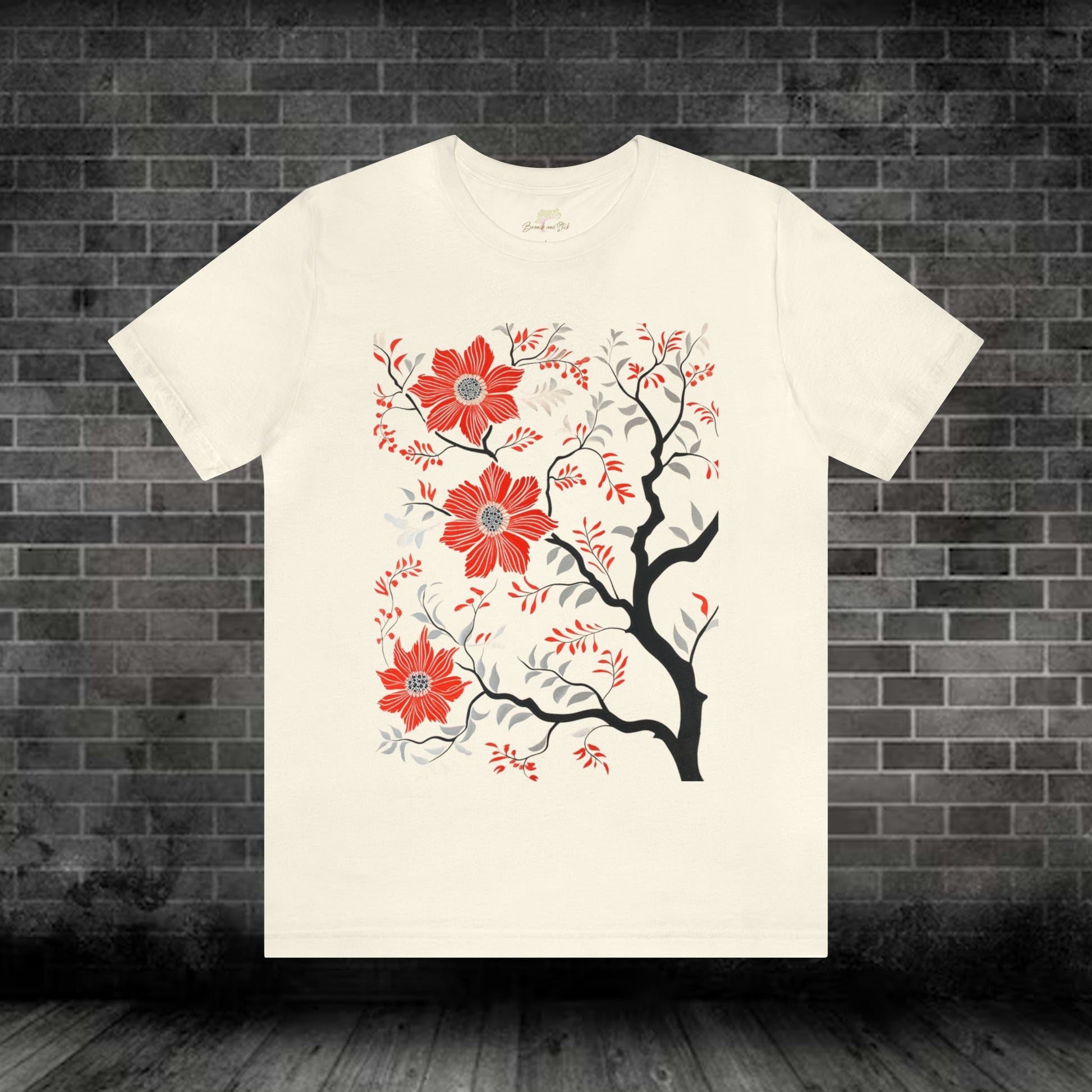 Playful Tree with Wildflower Unisex Tee | Embrace Minimalistic Folk Art Branch and Stick