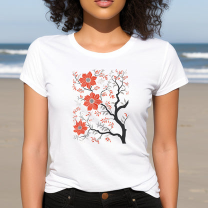 Playful Tree with Wildflower Unisex Tee | Embrace Minimalistic Folk Art Branch and Stick