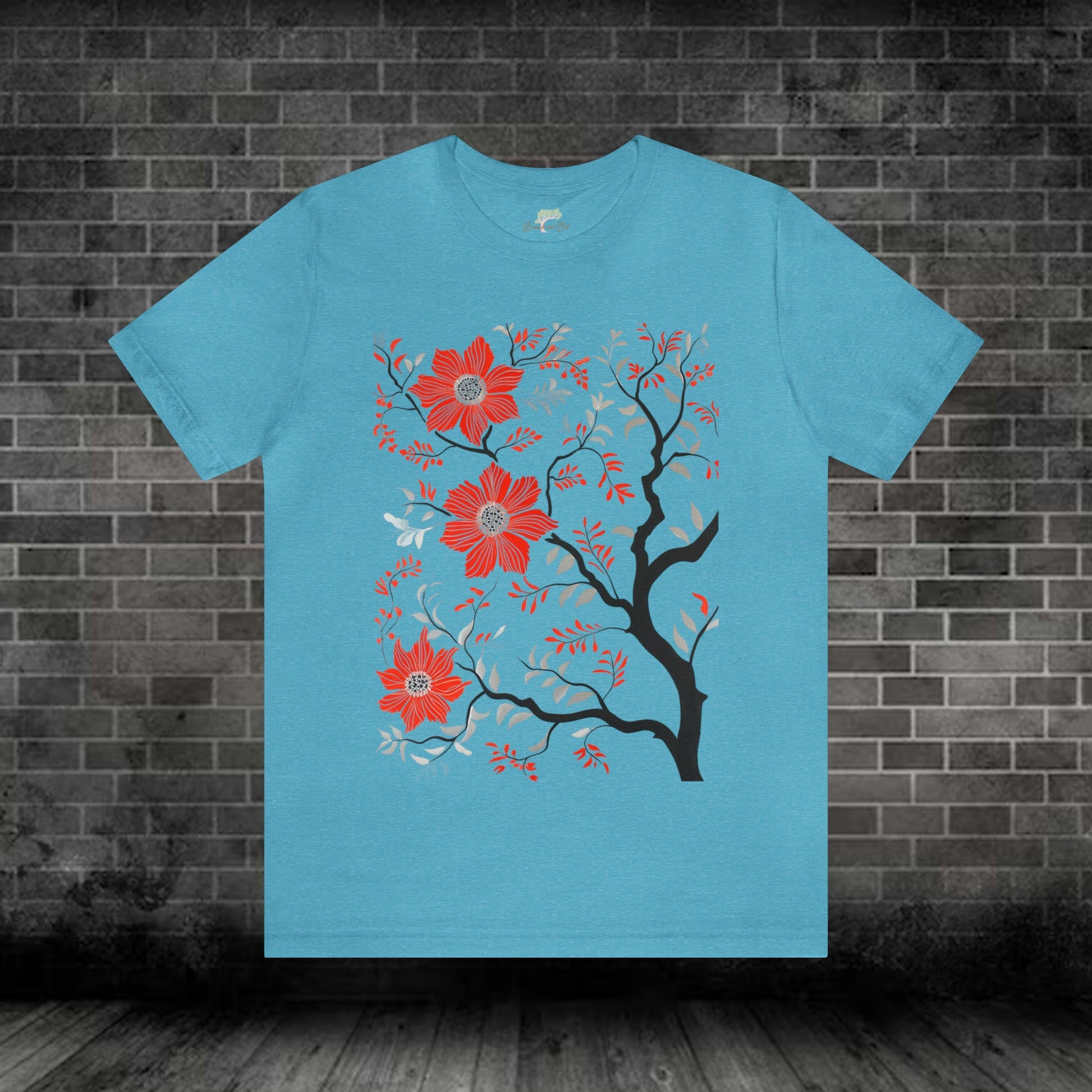 Playful Tree with Wildflower Unisex Tee | Embrace Minimalistic Folk Art Branch and Stick