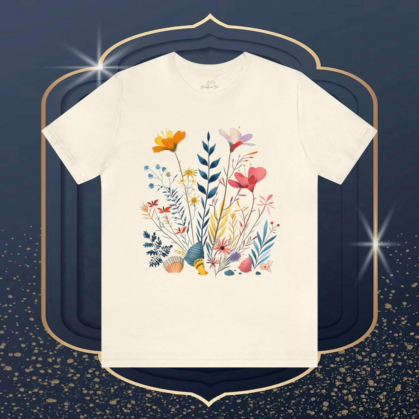 Seashells and Wildflowers Folk Art Design Unisex Tee | Embrace Whimsical Charm Branch and Stick