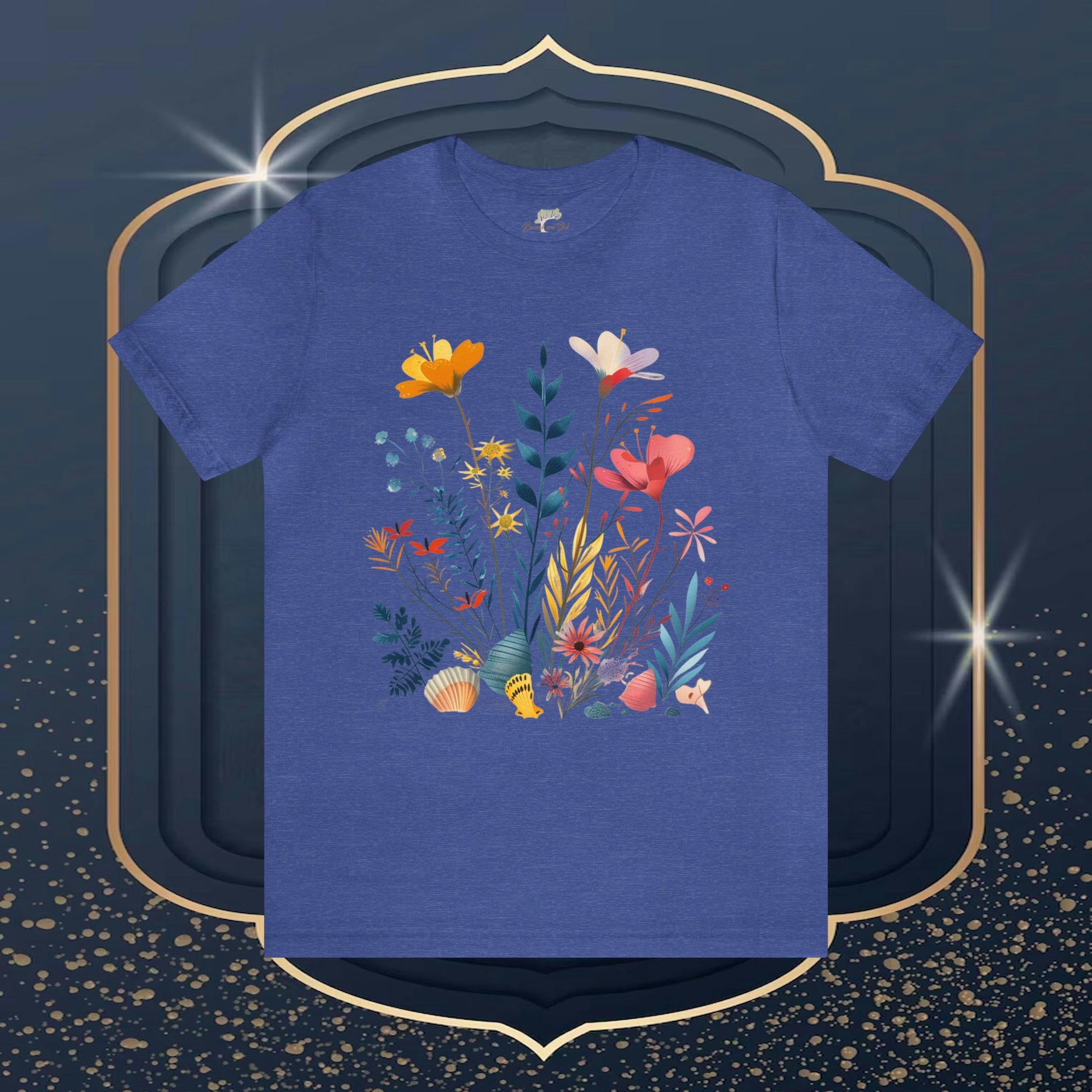 Seashells and Wildflowers Folk Art Design Unisex Tee | Embrace Whimsical Charm Branch and Stick