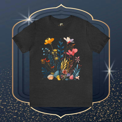 Seashells and Wildflowers Folk Art Design Unisex Tee | Embrace Whimsical Charm Branch and Stick