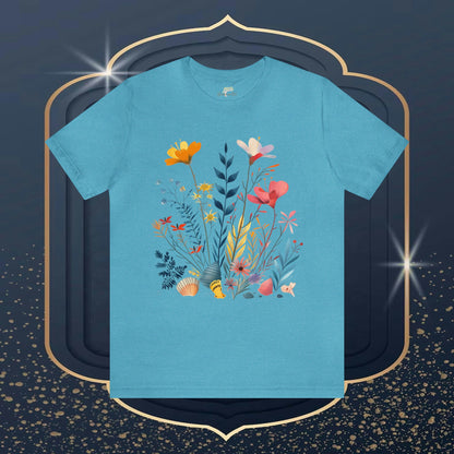 Seashells and Wildflowers Folk Art Design Unisex Tee | Embrace Whimsical Charm Branch and Stick