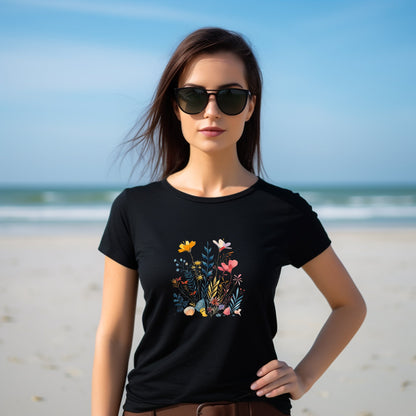 Seashells and Wildflowers Folk Art Design Unisex Tee | Embrace Whimsical Charm Branch and Stick