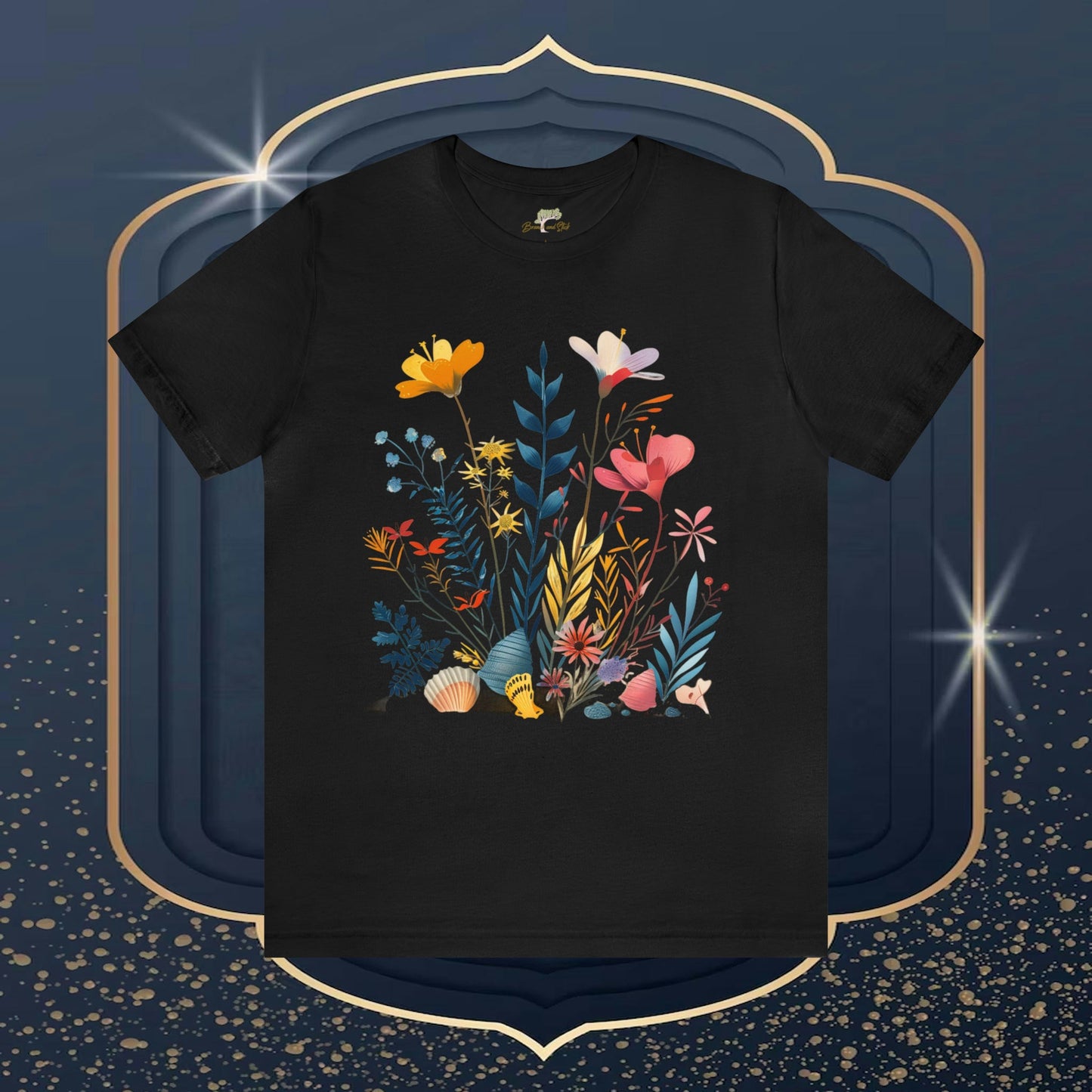 Seashells and Wildflowers Folk Art Design Unisex Tee | Embrace Whimsical Charm Branch and Stick