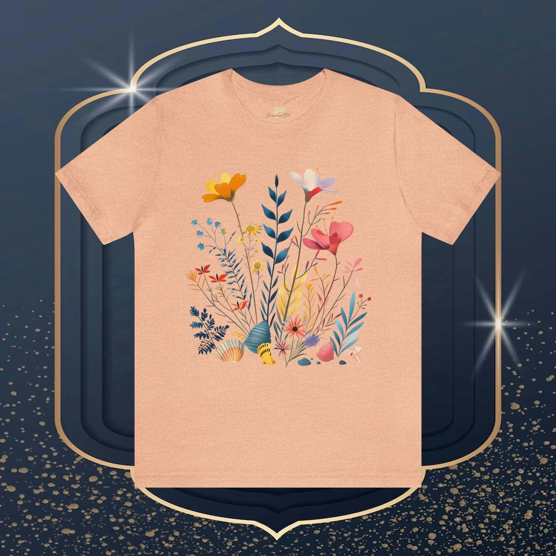 Seashells and Wildflowers Folk Art Design Unisex Tee | Embrace Whimsical Charm Branch and Stick