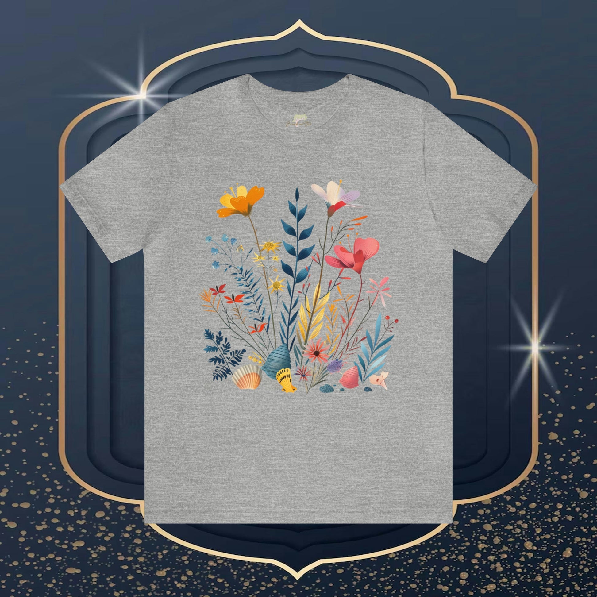 Seashells and Wildflowers Folk Art Design Unisex Tee | Embrace Whimsical Charm Branch and Stick