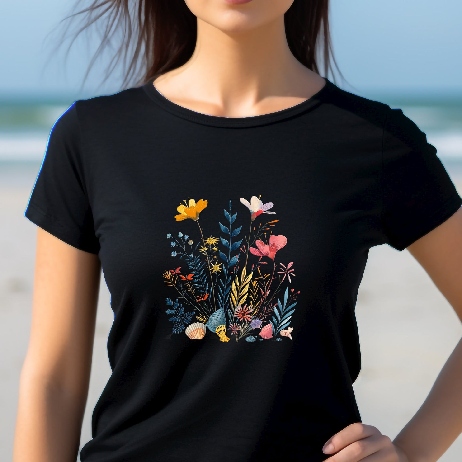 Seashells and Wildflowers Folk Art Design Unisex Tee | Embrace Whimsical Charm Branch and Stick