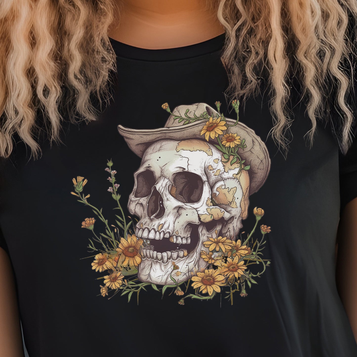 Skull and Wildflowers Folk Art Design Unisex Tee | Quirky and Playful Branch and Stick