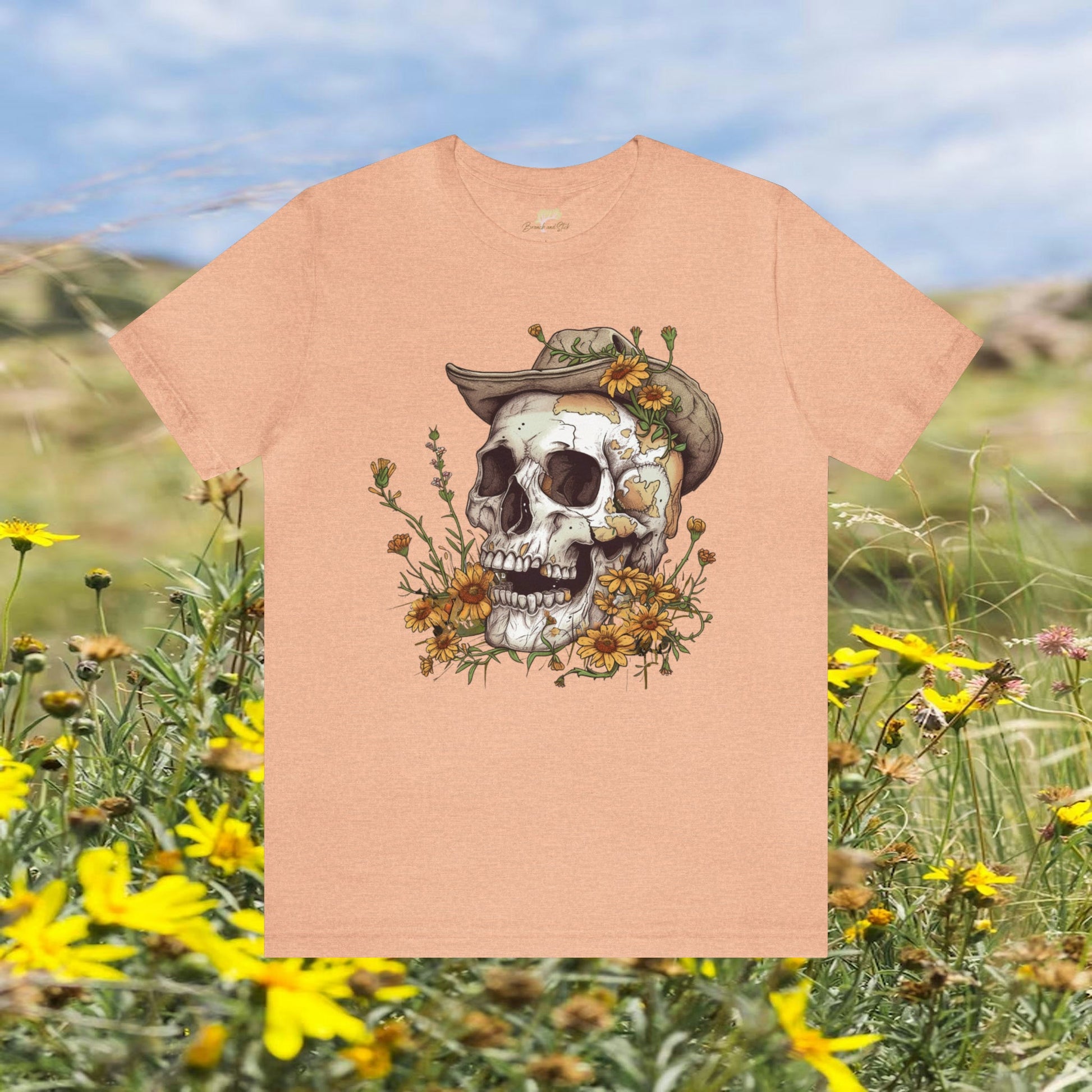 Skull and Wildflowers Folk Art Design Unisex Tee | Quirky and Playful Branch and Stick