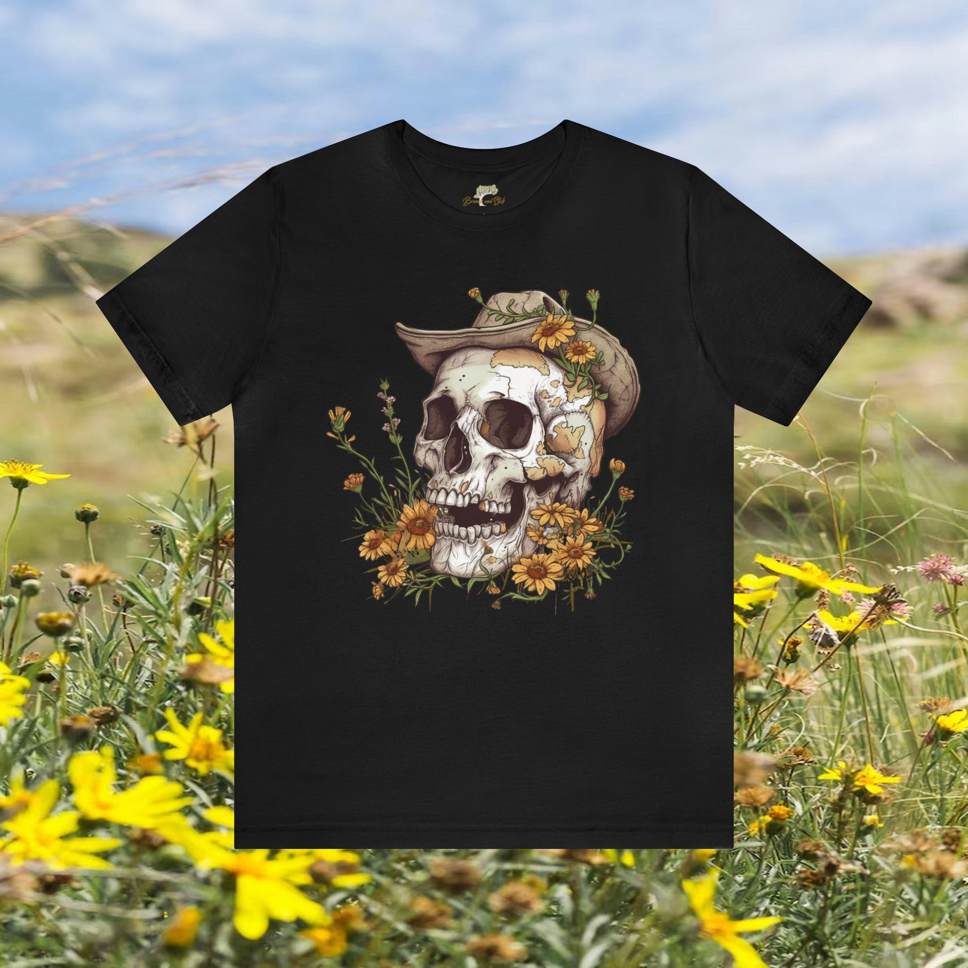 Skull and Wildflowers Folk Art Design Unisex Tee | Quirky and Playful Branch and Stick