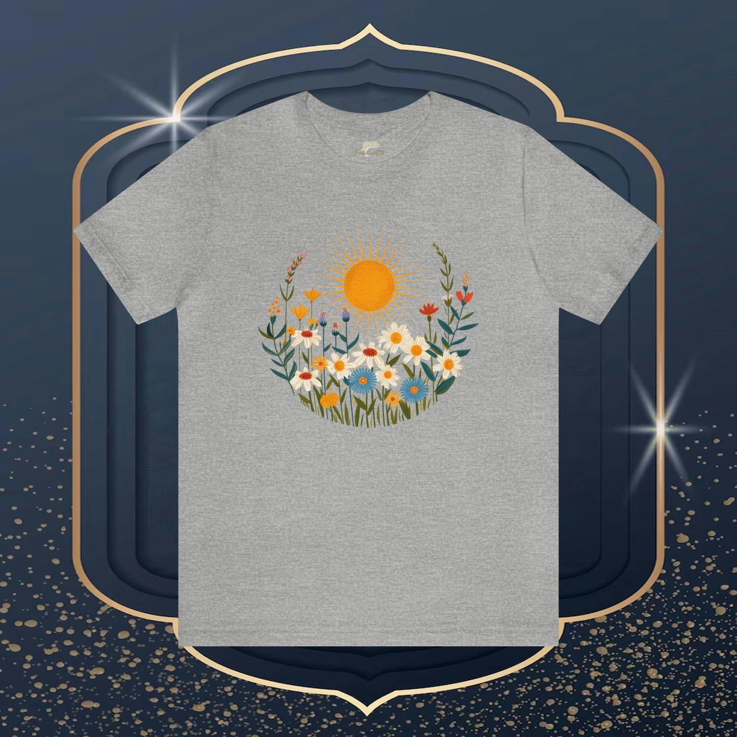 Sun and Wild Flowers Folk Art Design Unisex Tee | Embrace Playful Style Branch and Stick