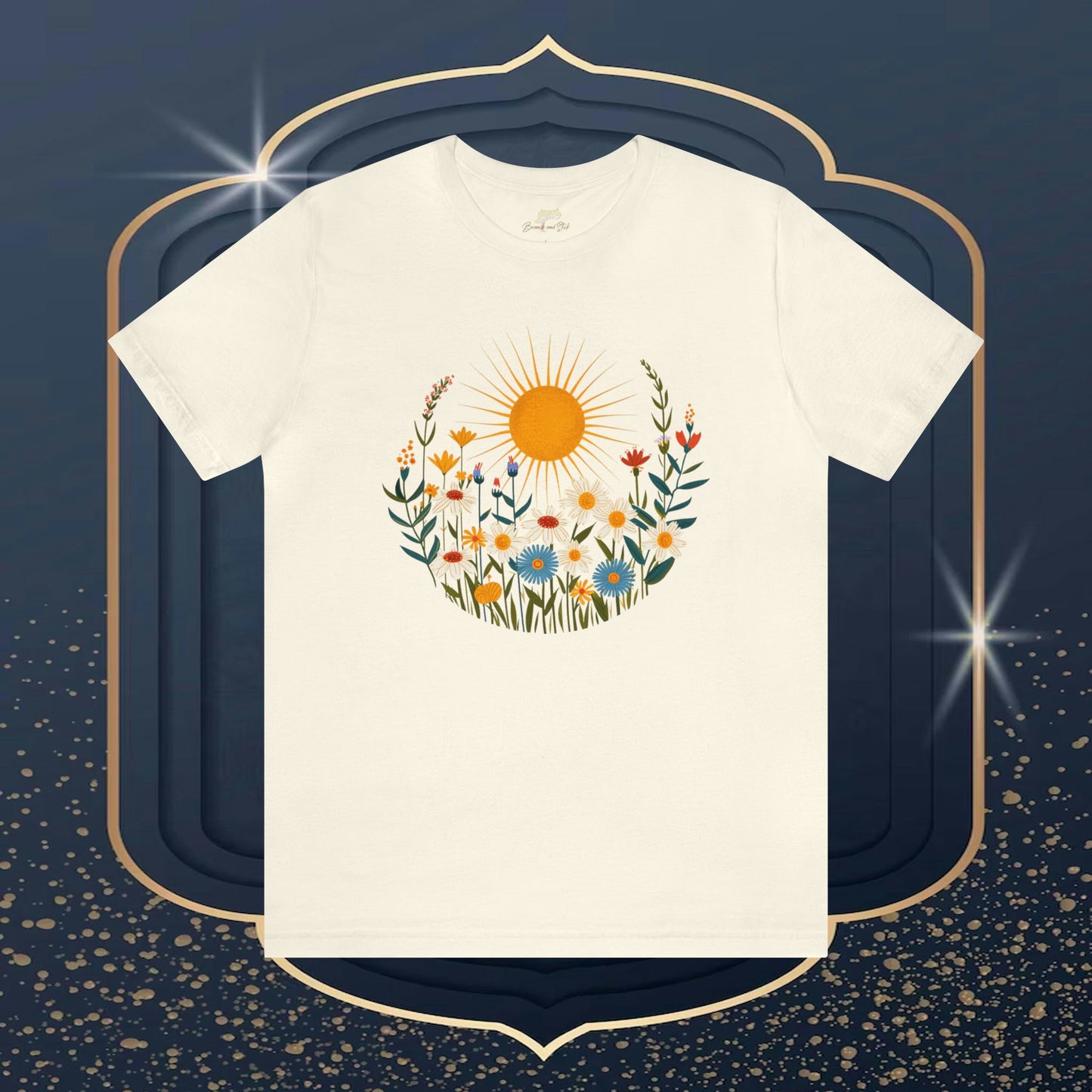 Sun and Wild Flowers Folk Art Design Unisex Tee | Embrace Playful Style Branch and Stick