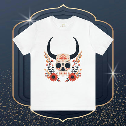 Talavera Longhorn Skull and Wildflowers Folk Art Design Unisex Tee | A Luxurious Masterpiece Branch and Stick