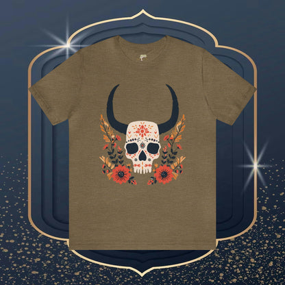 Talavera Longhorn Skull and Wildflowers Folk Art Design Unisex Tee | A Luxurious Masterpiece Branch and Stick