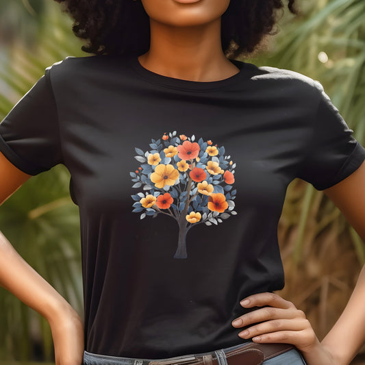 Tree with Wildflower Leaves T-Shirt | Nature-Inspired Elegance Branch and Stick