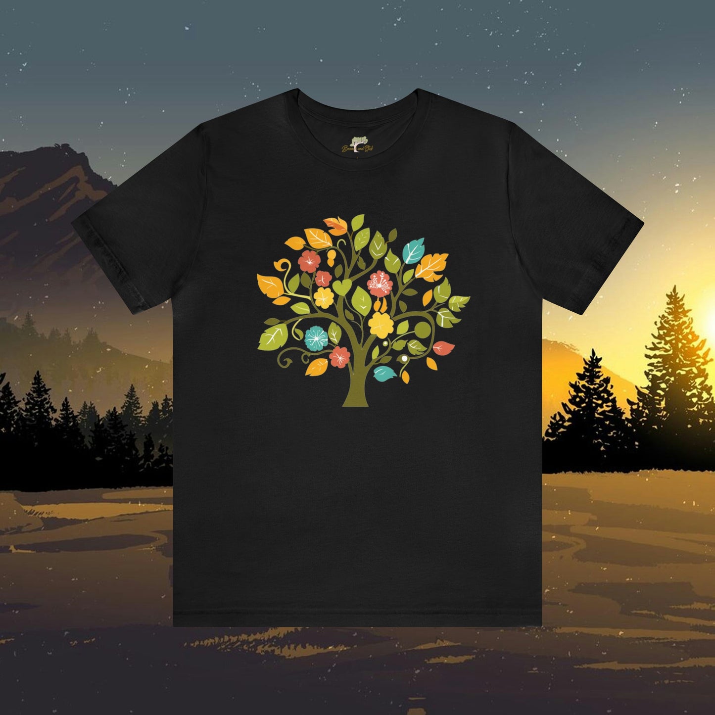 Tree with Wildflowers Folk Art Design Unisex Tee | Embrace Playful Style Branch and Stick