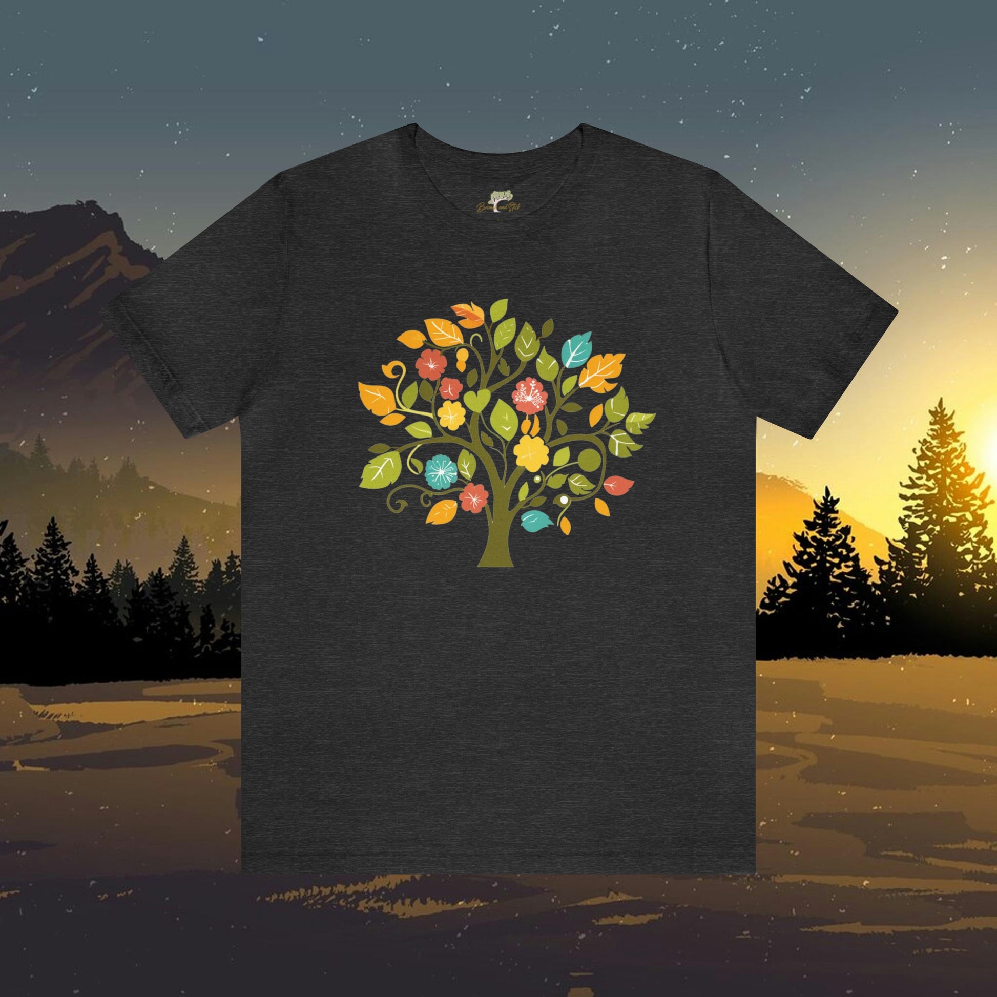 Tree with Wildflowers Folk Art Design Unisex Tee | Embrace Playful Style Branch and Stick