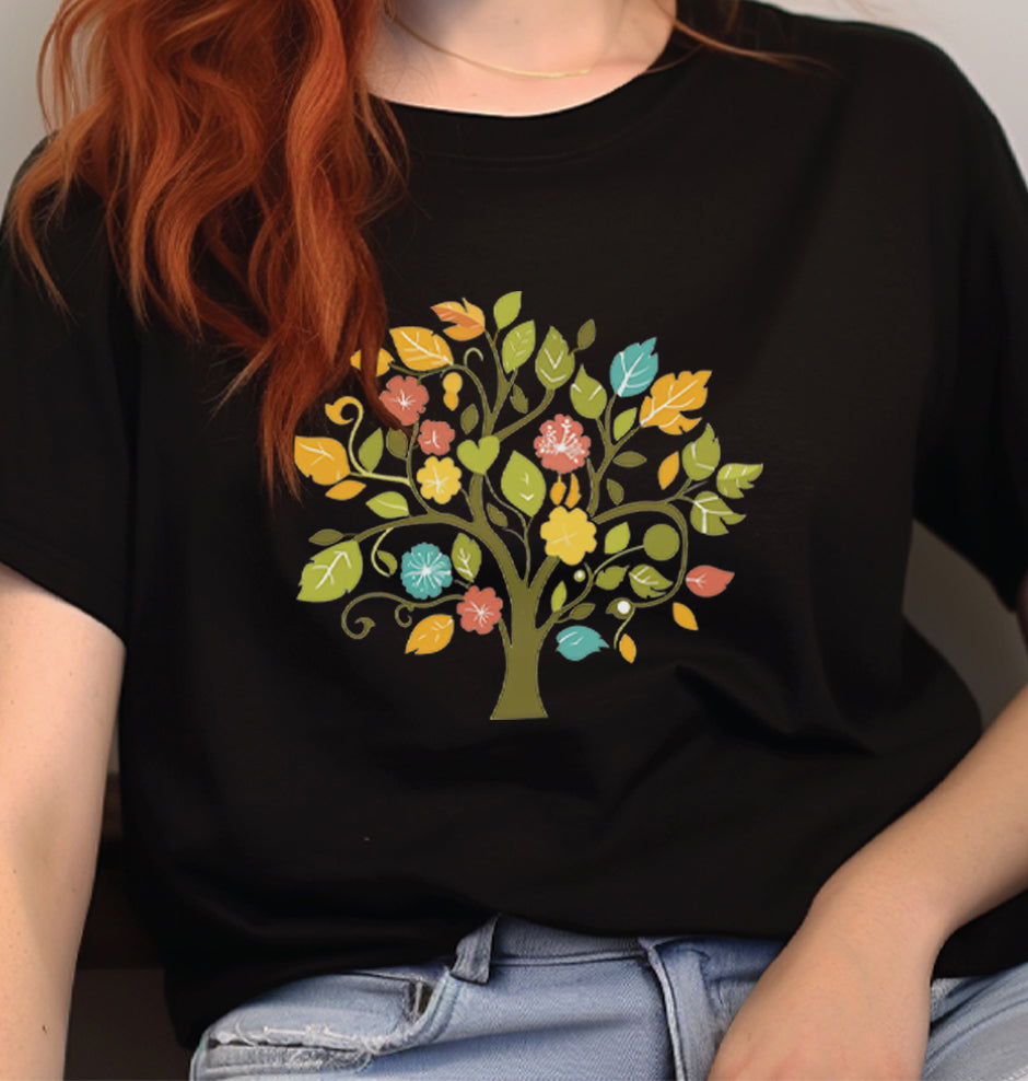 Tree with Wildflowers Folk Art Design Unisex Tee | Embrace Playful Style Branch and Stick