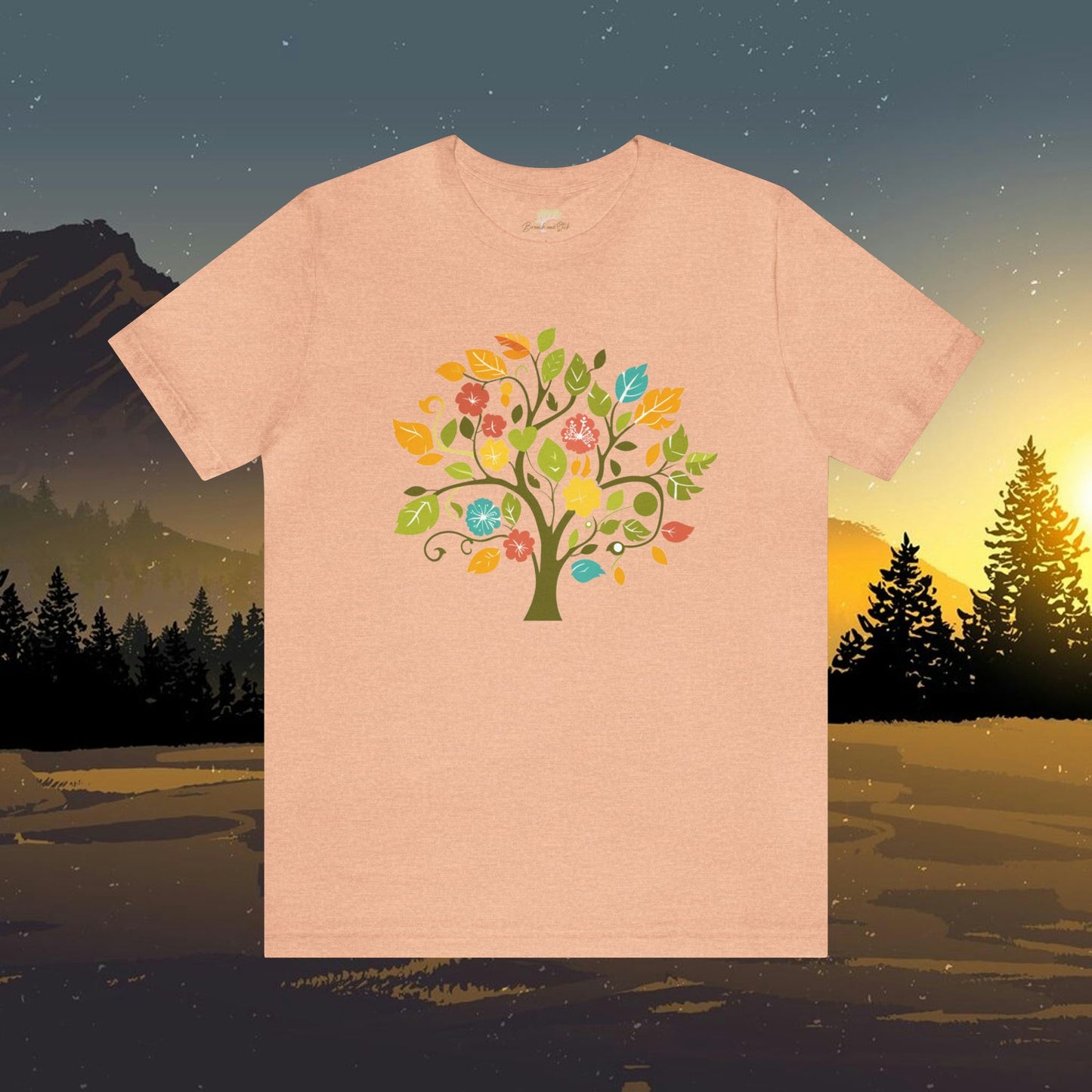Tree with Wildflowers Folk Art Design Unisex Tee | Embrace Playful Style Branch and Stick