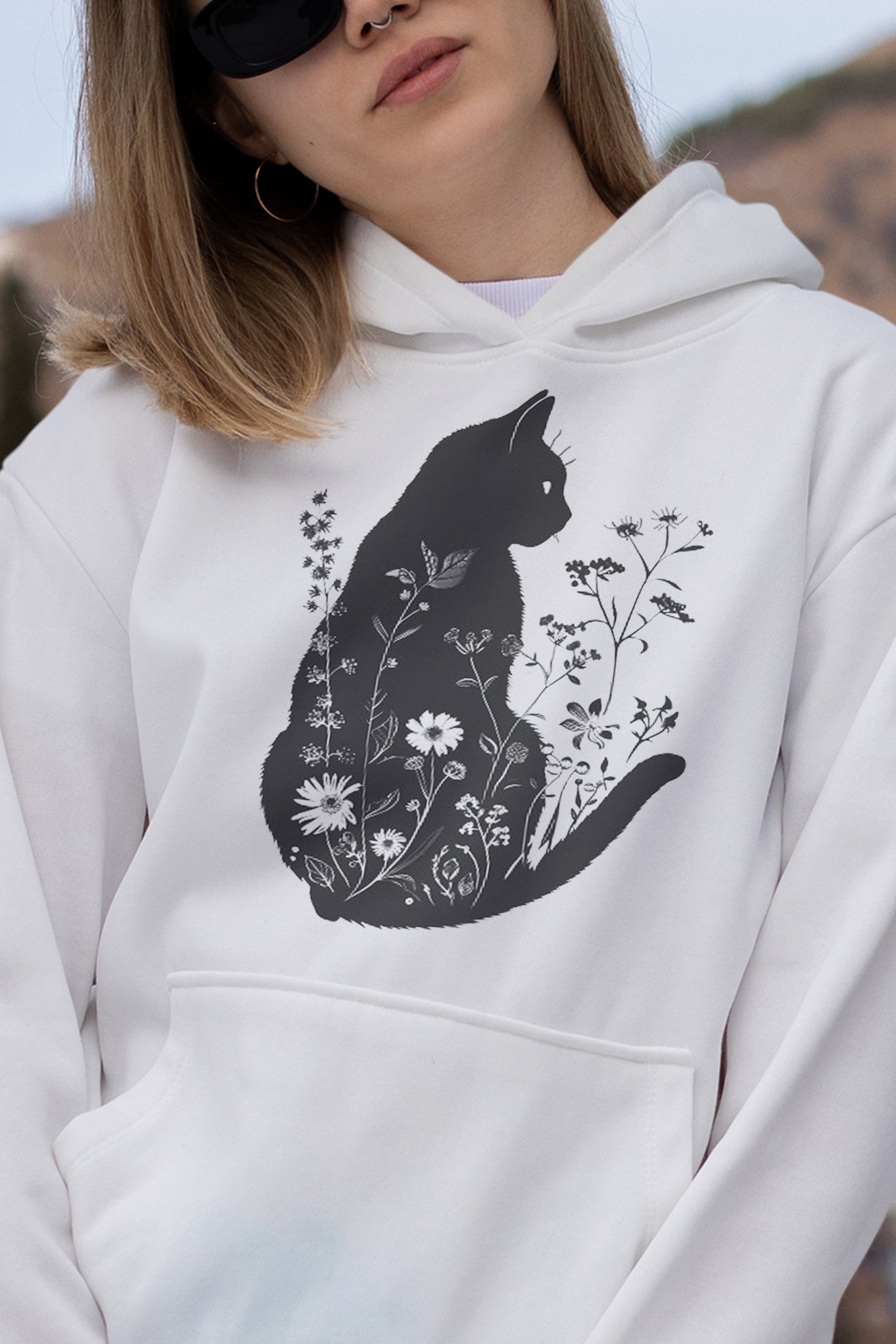 Unique Wildflower Cat Design Hooded Sweatshirt | Branch and Stick Branch and Stick