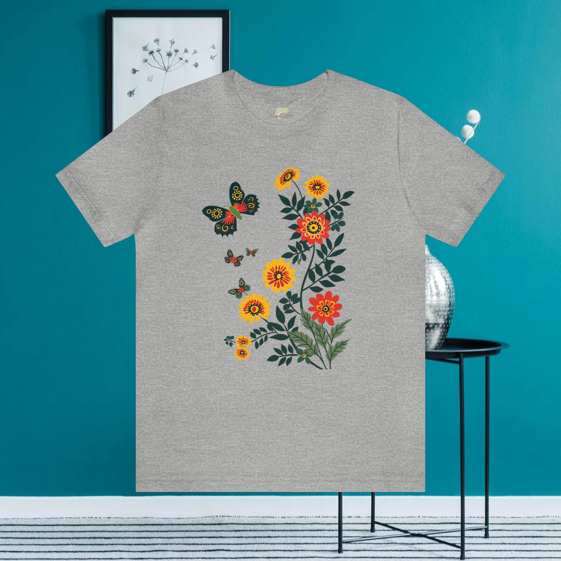 Vibrant Butterfly and Wildflowers T-Shirt | Minimalistic Elegance - Branch and Stick Branch and Stick