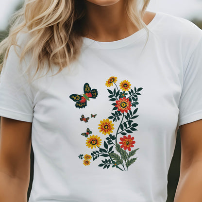 Vibrant Butterfly and Wildflowers T-Shirt | Minimalistic Elegance - Branch and Stick Branch and Stick