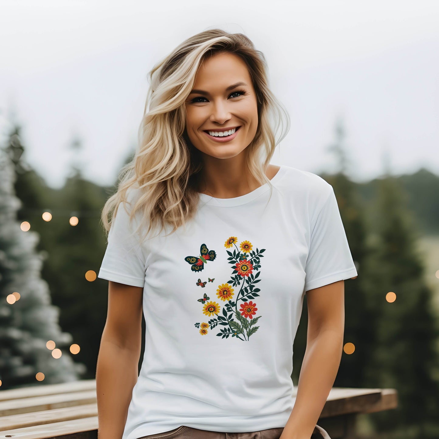 Vibrant Butterfly and Wildflowers T-Shirt | Minimalistic Elegance - Branch and Stick Branch and Stick