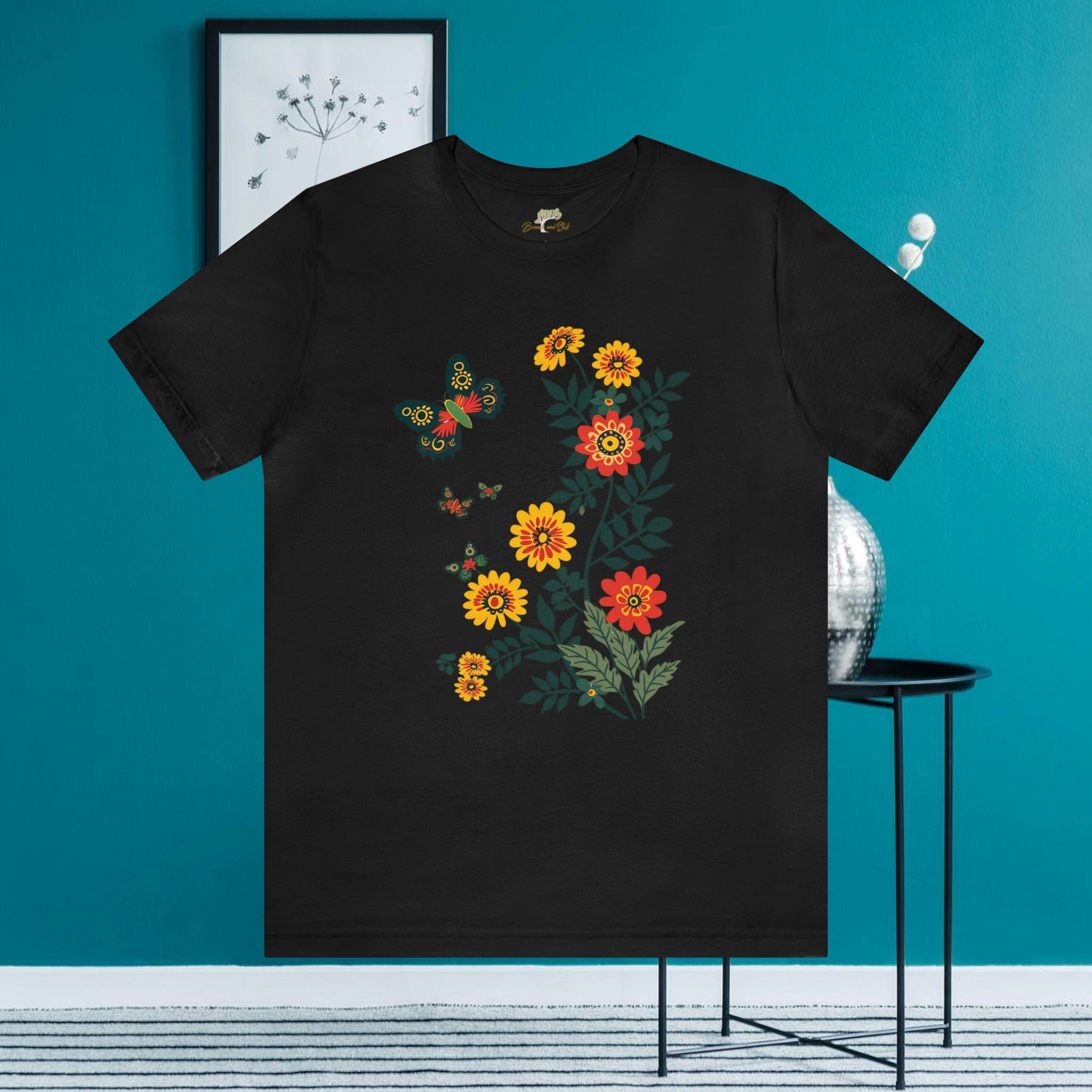 Vibrant Butterfly and Wildflowers T-Shirt | Minimalistic Elegance - Branch and Stick Branch and Stick