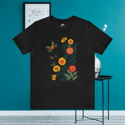 Vibrant Butterfly and Wildflowers T-Shirt | Minimalistic Elegance - Branch and Stick Branch and Stick